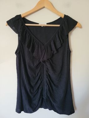 Goldie Tees Pima Cotton Black Ruffle Trim Ruched Front Sleeveless Tank Top Black